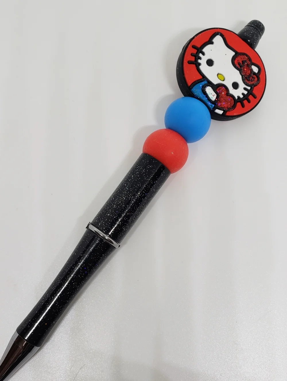 Handmade Red Blue Hello Kitty Glitter Beaded Silicone Focal Bead Pen